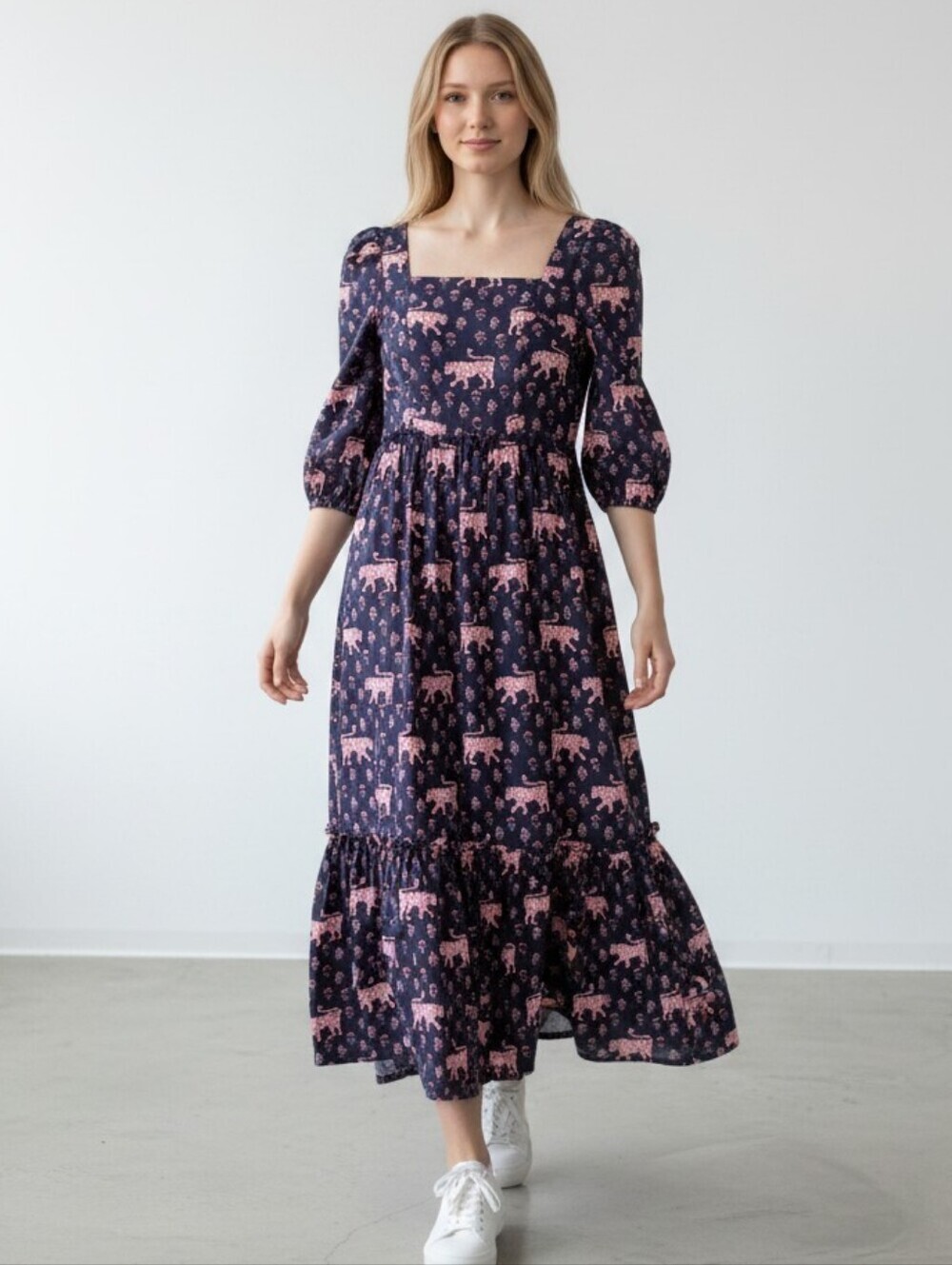 Crown & Ivy Cotton Navy Dress with Pink Leopard Print NEW